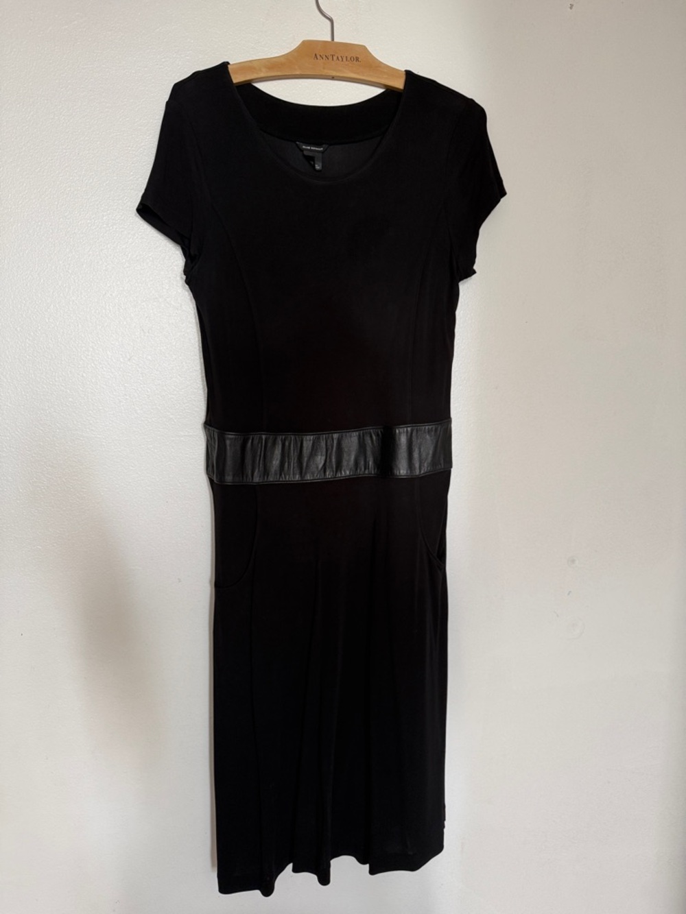 Club Monaco Black Midi Dress with Faux-Leather Waist Panel